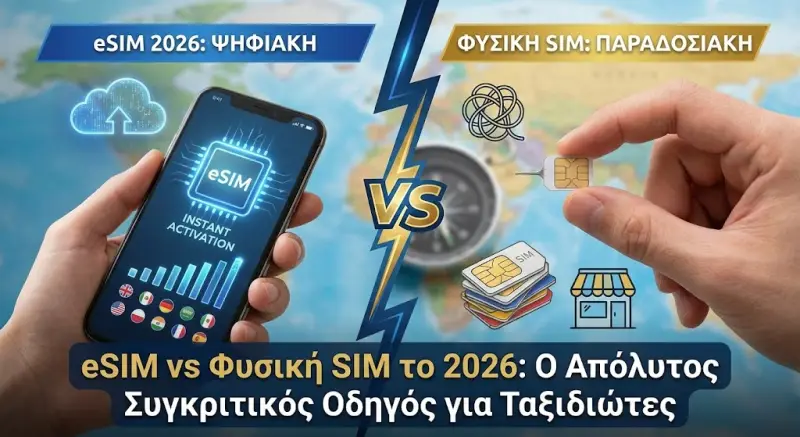 eSIM vs Φυσική SIM το 2026: Ο Απόλυτος Συγκριτικός Οδηγός για Ταξιδιώτες