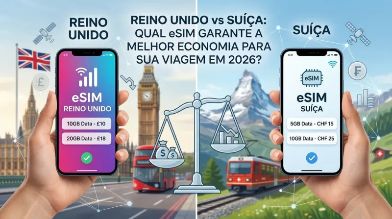 Reino Unido vs Suíça: Qual eSIM Garante a Melhor Economia para Sua Viagem em 2026?