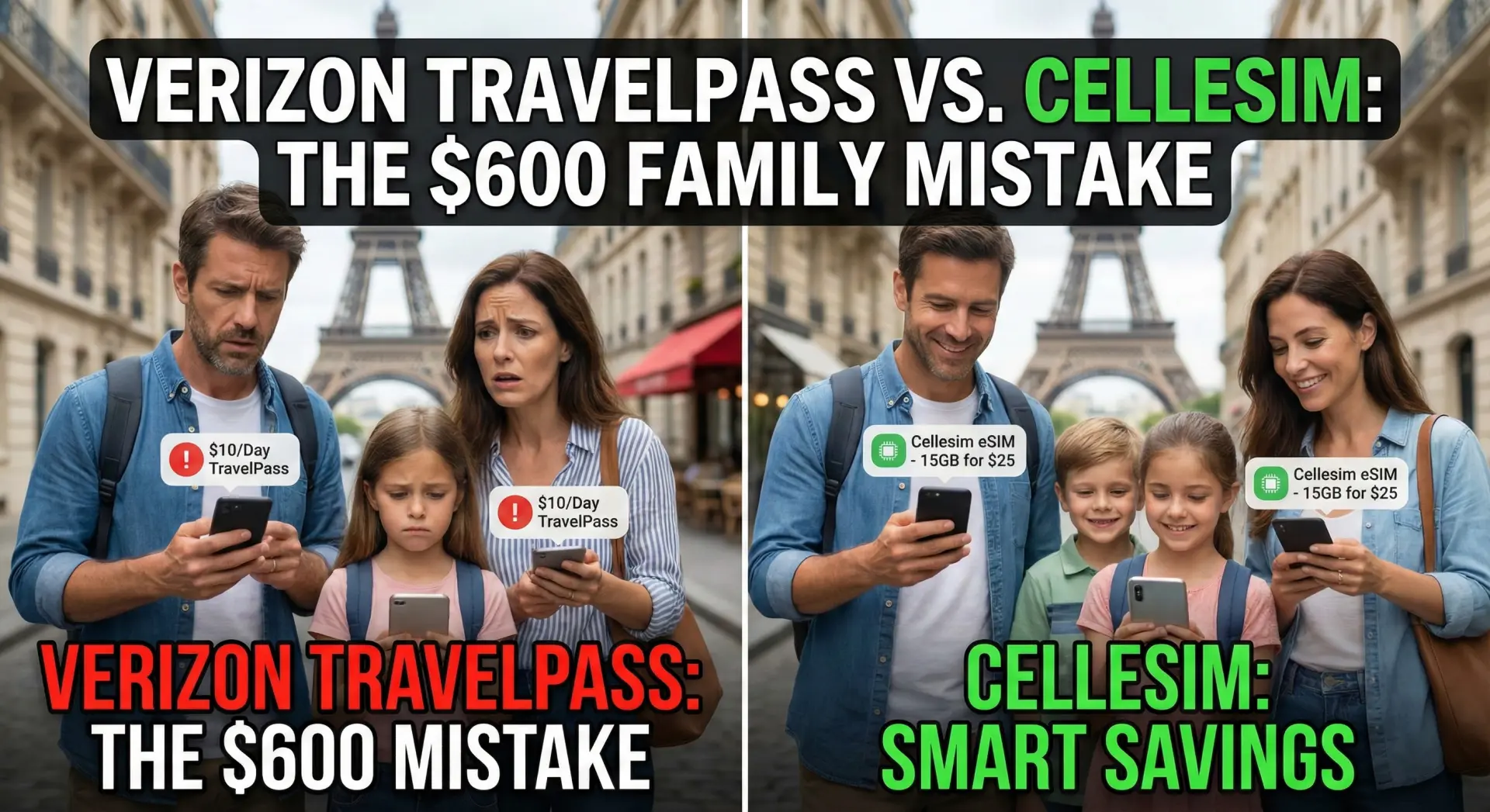 Verizon TravelPass vs. Cellesim: The $600 Family Mistake